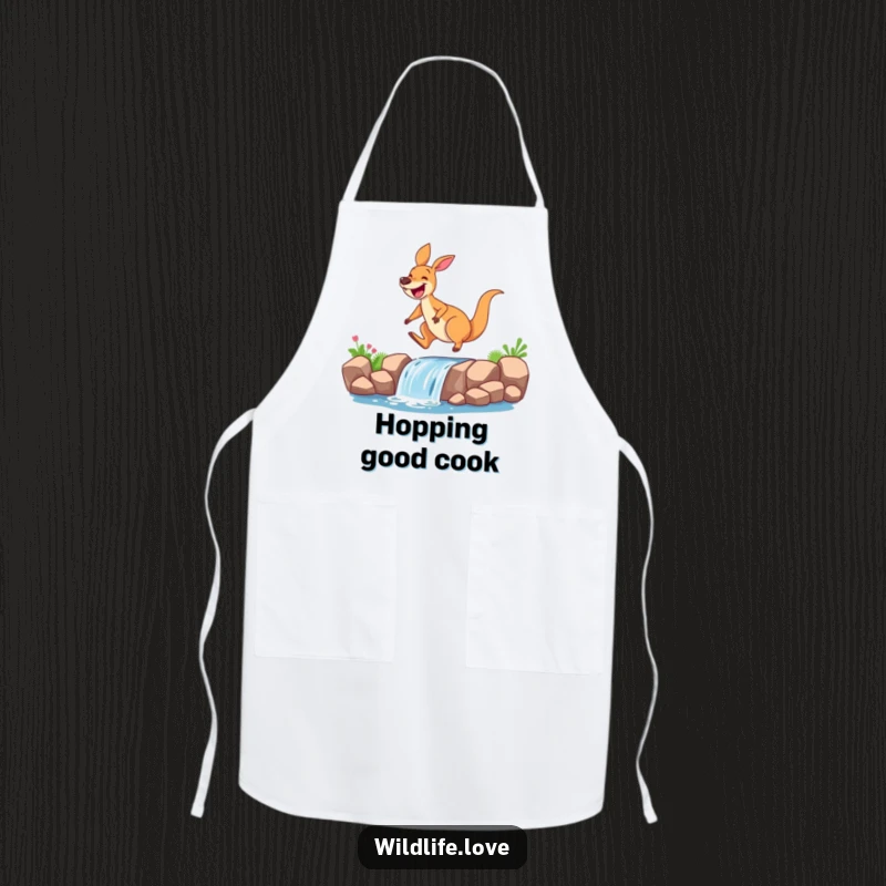Funny kangaroo apron, a grinning kangaroo mid-air, leaping over a miniature waterfall, ready for kitchen fun and laughter.