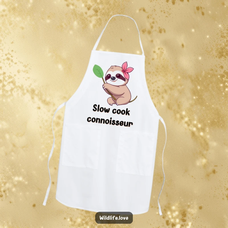 Funny sloth apron, a content sloth slowly reaching a paw towards a colorful flower, perfect for a peaceful cooking experience.