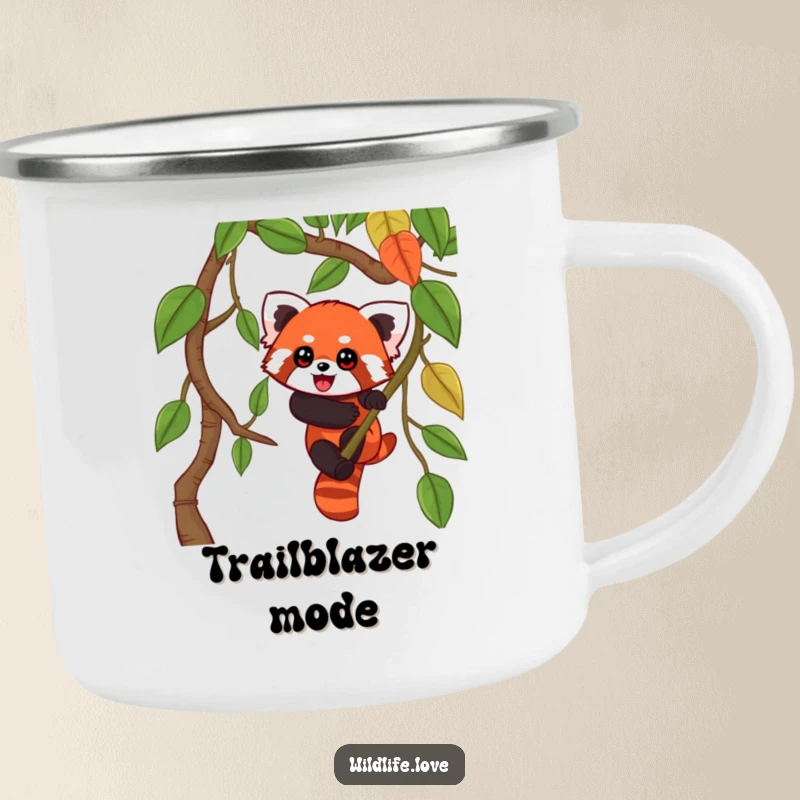 Funny Red Panda Outdoor Mug: A playful red panda with wide eyes climbing a jungle vine, designed for outdoor fun.