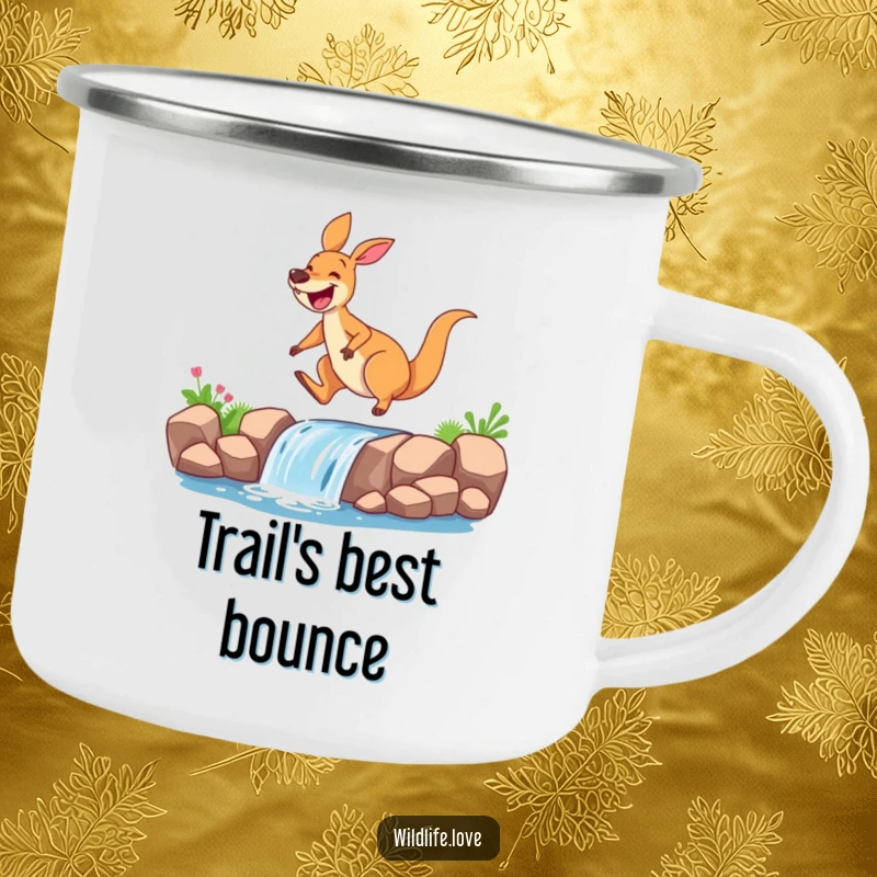 Funny kangaroo camping mug, a happy kangaroo mid-leap over a miniature waterfall, designed for outdoor fun and laughter.