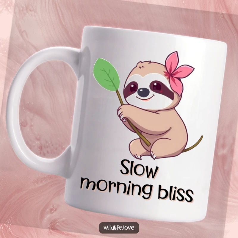 Funny sloth mug, a content sloth with a gentle smile reaching a paw towards a colorful exotic flower, embodying slow joy.