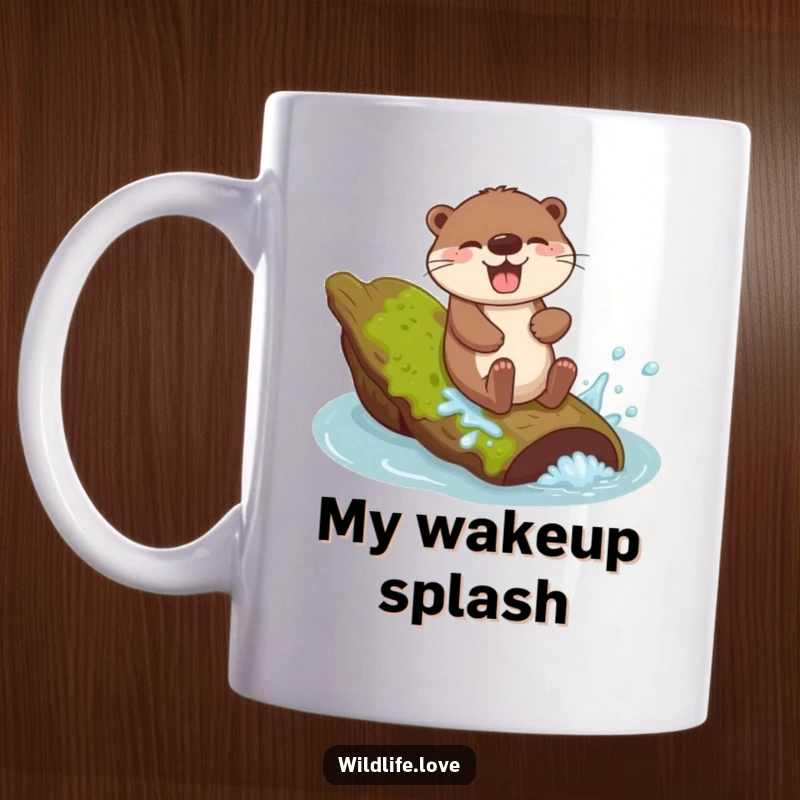 Funny Otter Sliding Mug: A giggling otter joyfully sliding down a mossy log, creating a playful splash.