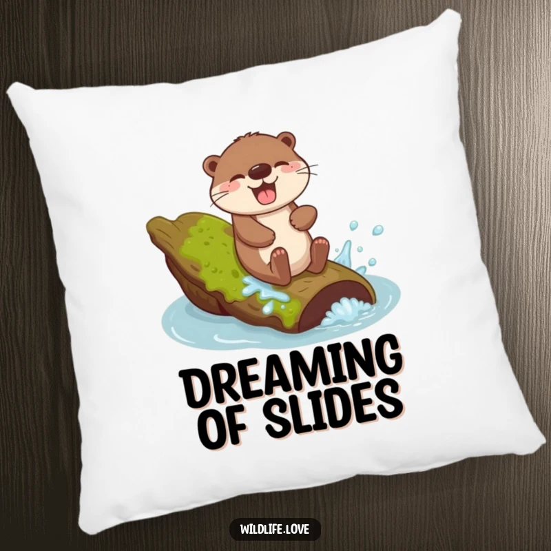 Funny Otter Sliding Pillow: A giggling otter sliding down a mossy log with a joyful splash, offering a soft and fun accent.