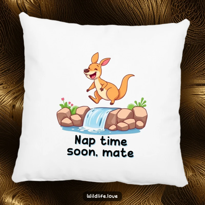 Funny kangaroo pillow, a happy kangaroo mid-leap over a tiny waterfall, with a wide, cheerful grin adding comfort and humor.