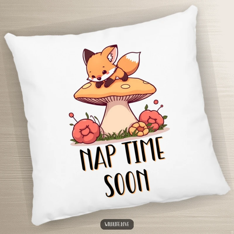 Funny Fox Mushroom Pillow: A curious fox cub playfully pouncing on a giant mushroom, offering a soft and whimsical accent.