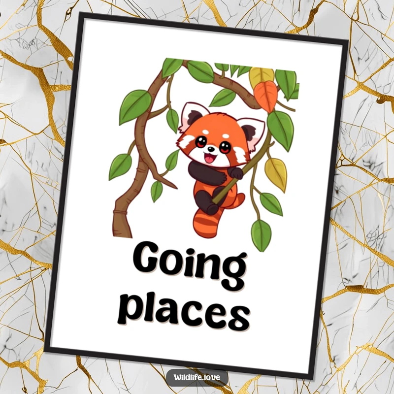 Funny Red Panda Jungle Wall Art: A playful red panda with wide eyes climbing a towering jungle vine, perfect for digital display.