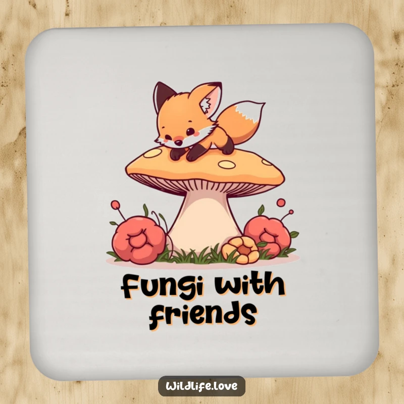 Funny Fox Mushroom Coaster Set: A curious fox cub playfully pouncing on a giant mushroom, protecting drinks with forest flair.