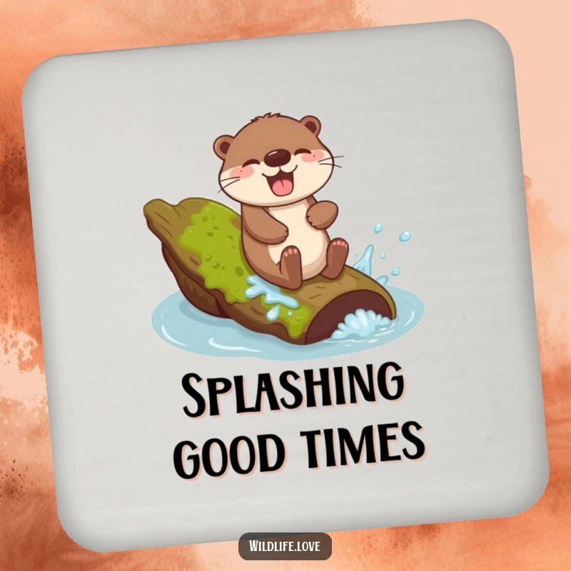 Funny Otter Sliding Coaster Set: A giggling otter sliding down a mossy log with a joyful splash, protecting drinks with cheer.