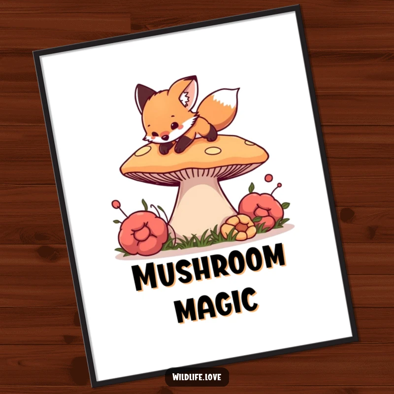 Funny Fox Mushroom Poster: A curious fox cub playfully pouncing on a giant, colorful mushroom, bringing forest magic.