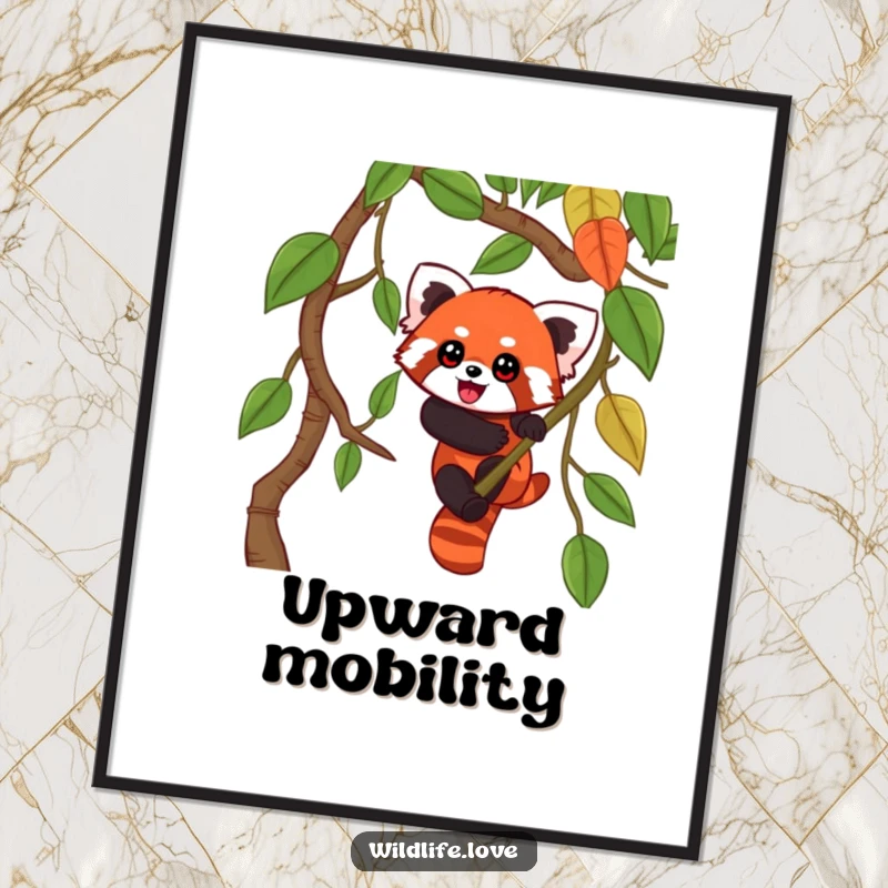 Funny Red Panda Jungle Poster: A playful red panda with wide eyes enthusiastically climbing a towering jungle vine, full of life.