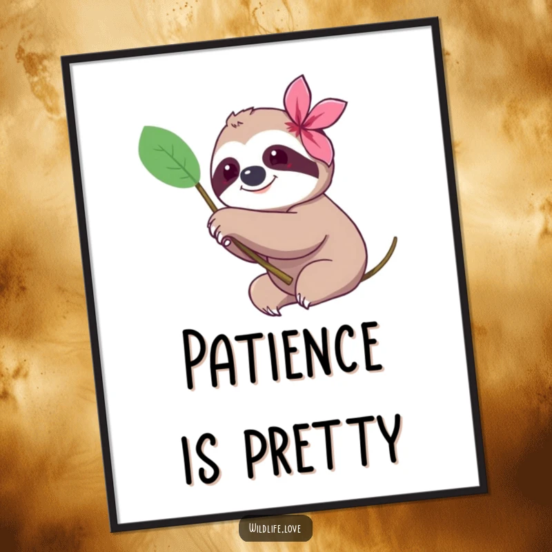 Funny sloth poster, a content sloth slowly reaching a paw towards a bright exotic flower, embodying peaceful appreciation.