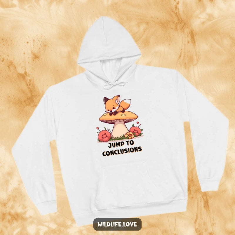 Funny Fox Mushroom Hoodie: A curious fox cub playfully pouncing on a giant mushroom, offering cozy forest fun.