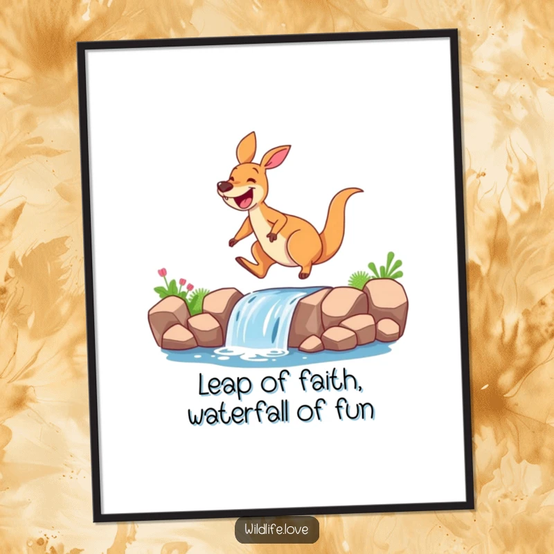 Funny Free Printable Wall Art: A jubilant kangaroo mid-leap over a sparkling waterfall, radiating pure, unadulterated joy.