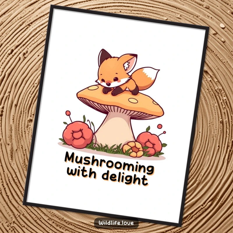 Funny Free Printable Wall Art: Curious fox cub playfully pouncing on a giant, colorful mushroom, adorable woodland decor.