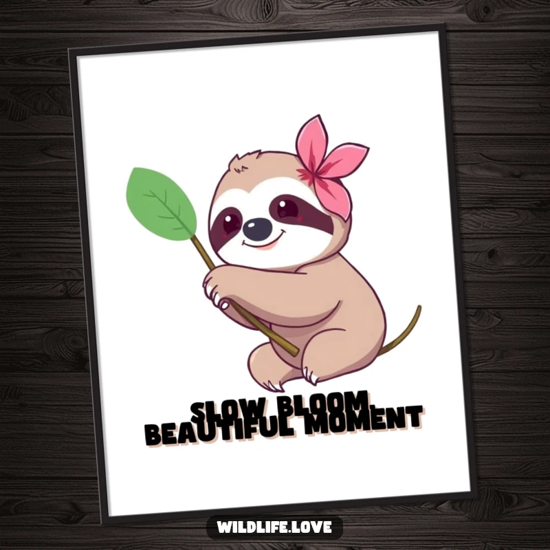 Funny Free Printable Wall Art: A happy sloth serenely reaching its paw towards a vividly colored, exotic flower.