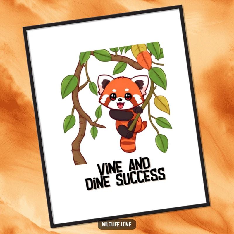 Funny Free Printable Wall Art: Playful red panda with wide eyes enthusiastically climbing a towering jungle vine, wild decor.