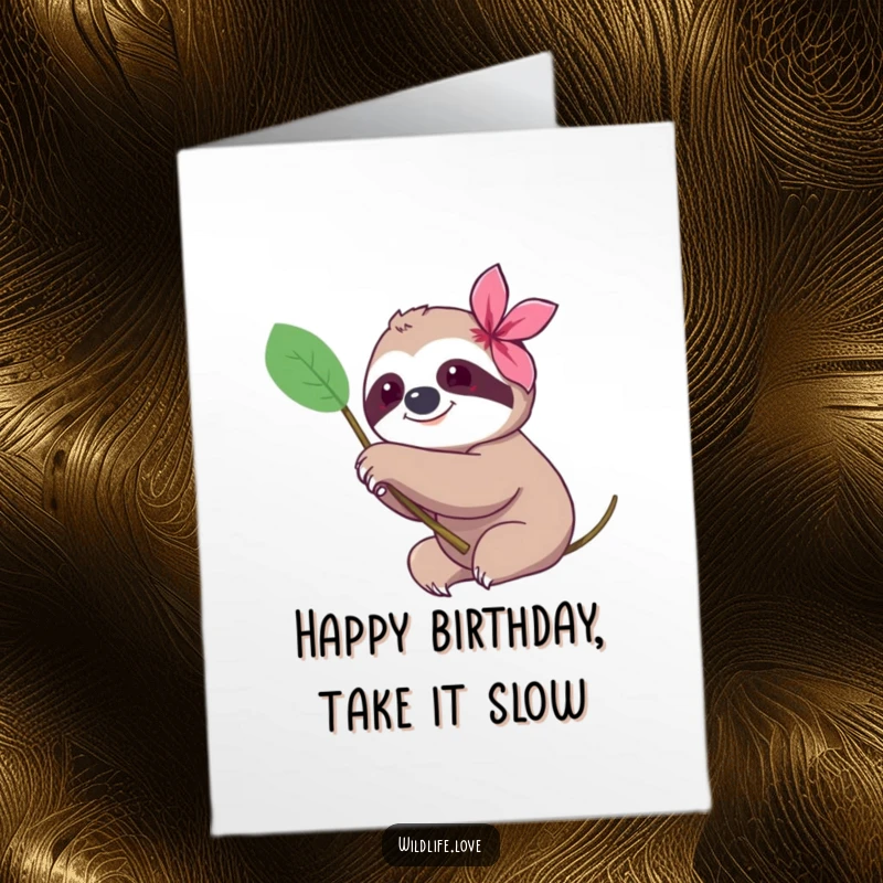 Funny Free Printable Birthday Card: A smiling sloth gently extends its paw towards a vibrant exotic flower on a birthday.
