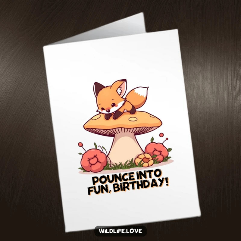 Funny Free Printable Birthday Card: Curious fox cub playfully pouncing on a large, vibrantly colored mushroom, ready for fun.