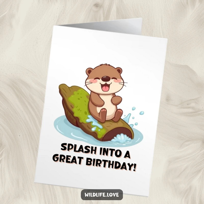 Funny Free Printable Birthday Card: Giggling otter sliding down a mossy log with a joyful splash, ready for a birthday party.