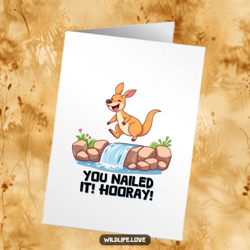 Funny Free Printable Congratulations Card: Excited kangaroo soaring gracefully over a waterfall, celebrating a momentous achievement.