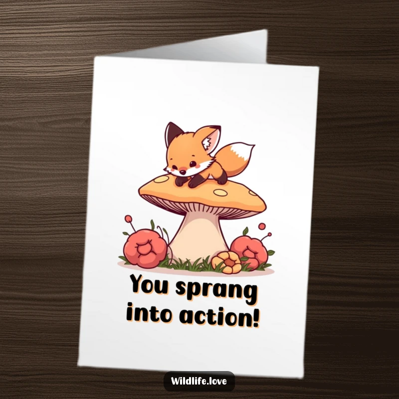 Free Printable Congratulations Card: Curious fox cub playfully pouncing on a giant, colorful mushroom, celebrating an achievement.