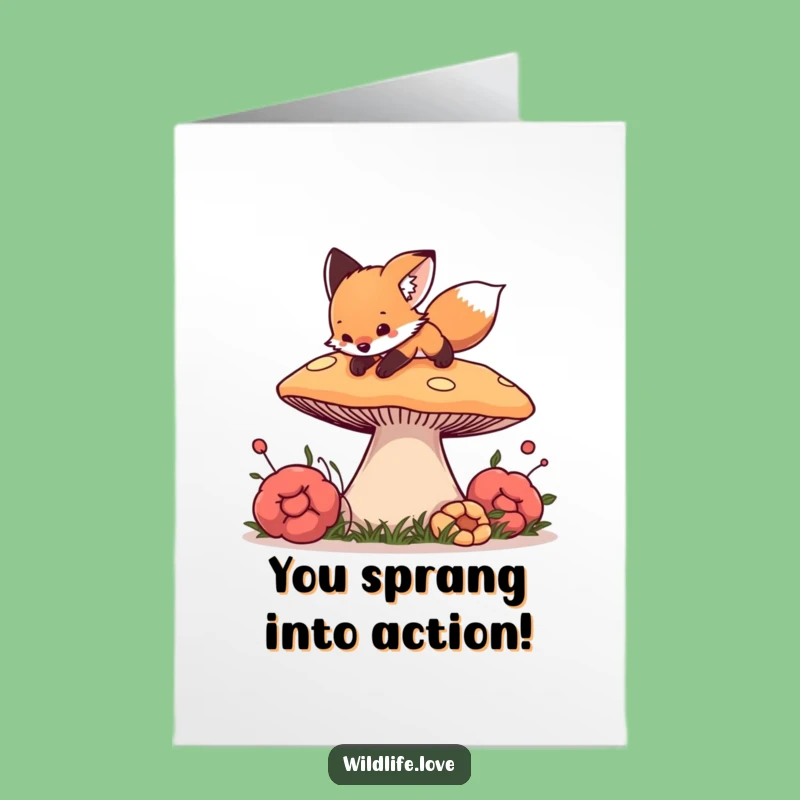 Free Printable Fox Cub Congrats Card: Mushroom Pounce Success - Downloadable Gift!