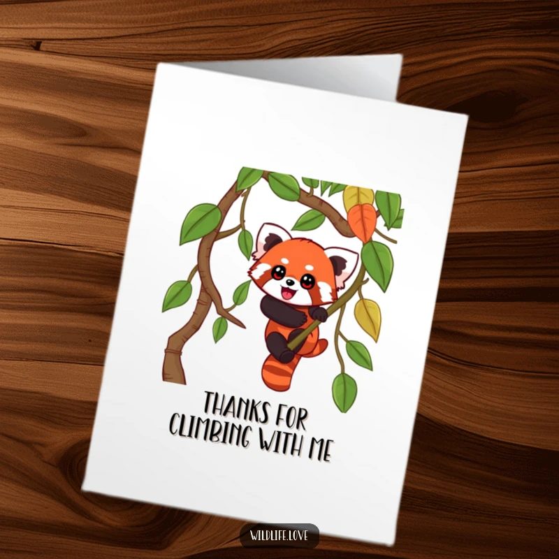 Free Printable Thank You Card: Playful red panda with wide eyes enthusiastically climbing a jungle vine, a thank you for their support.