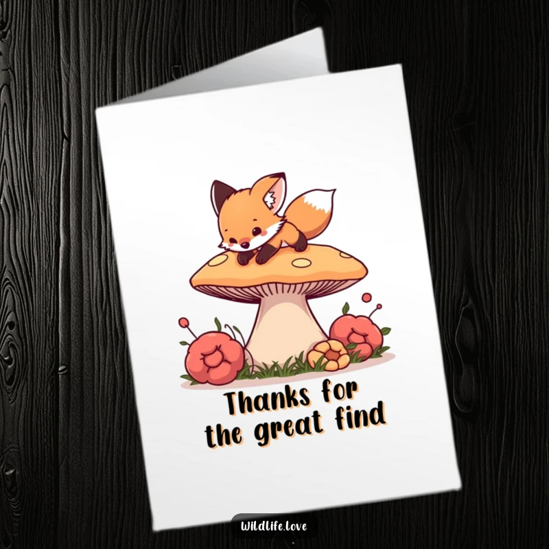 Free Printable Thank You Card: Curious fox cub playfully pouncing on a giant, colorful mushroom, a fun way to say thanks.