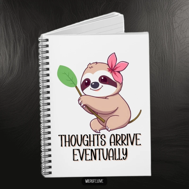 Funny sloth notebook, a happy sloth gently reaching a paw towards an exotic flower, ideal for slow, thoughtful writing.
