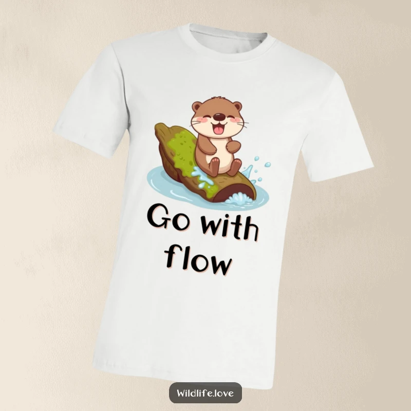 Funny Otter Sliding Tee: A giggling otter having a blast sliding down a mossy log with a cheerful splash.