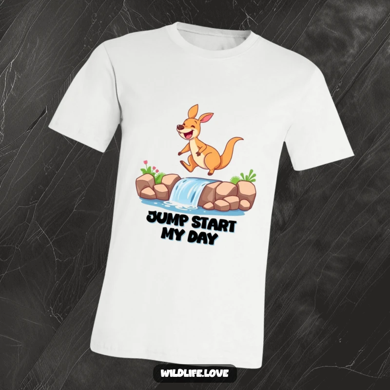 Funny kangaroo t-shirt, a joyful kangaroo with a massive grin mid-air, soaring over a tiny cascade, capturing pure adventure.