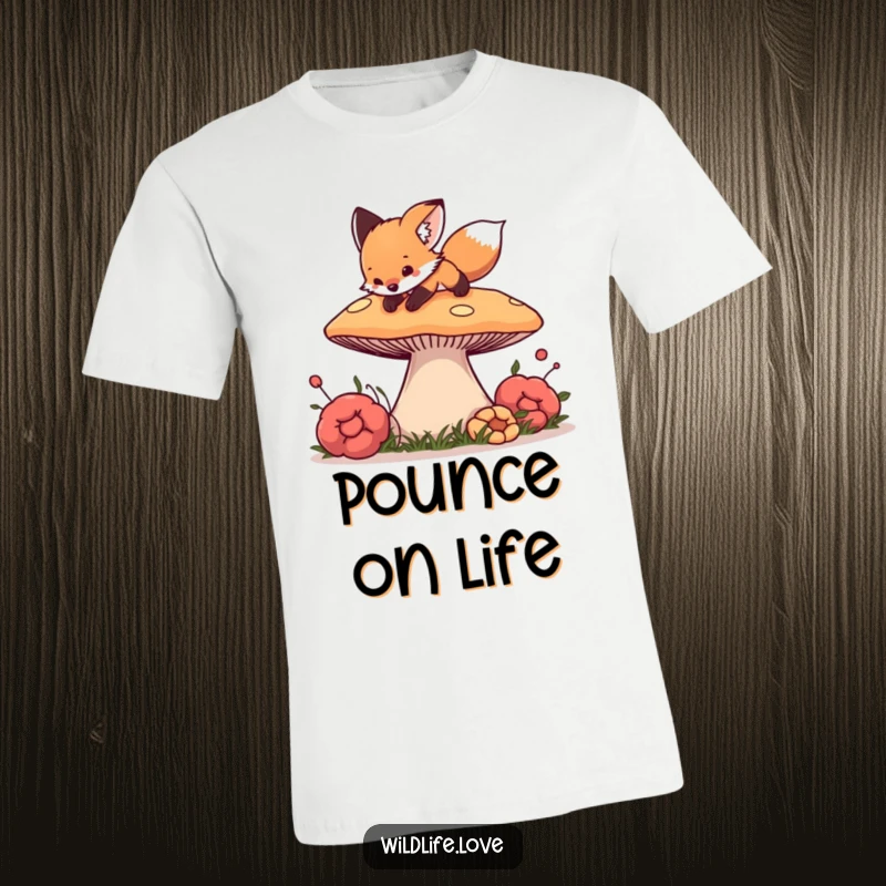 Funny Fox Mushroom Tee: A curious fox cub leaping playfully onto a large, vibrant mushroom, full of playful energy.