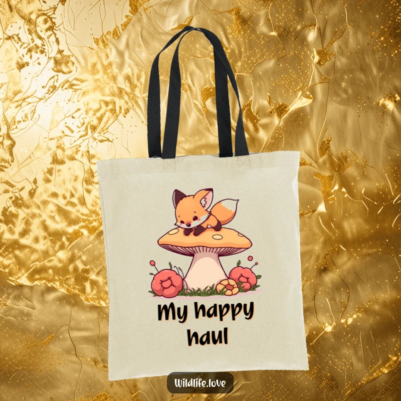 Funny Fox Mushroom Tote Bag: A curious fox cub playfully pouncing on a giant mushroom, ready for forest adventures.